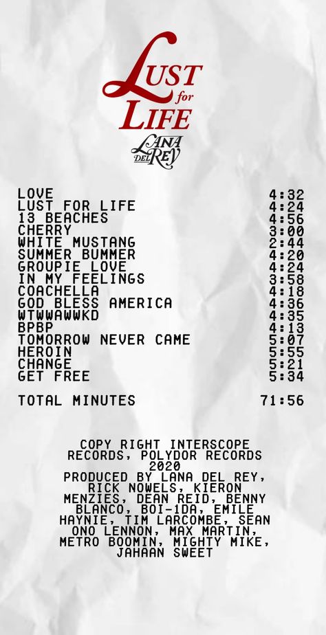 Album Receipts Lana Del Rey, Lana Del Rey Album Cover Aesthetic, Lana Del Rey Album Receipt, Receipt Lana Del Rey, Lana Del Rey Receipt, Lana Del Rey Tracklist, Album Receipts Aesthetic, Love Receipt, Lust For Life Poster