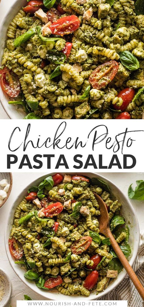 This easy-to-make Chicken Pesto Pasta Salad shines with fresh ingredients and tons of flavor. It's a lovely quick lunch or dinner, and is a terrific go-to for any warm-weather BBQ, potluck, or picnic. Easy to make ahead, and it only gets better with a day in the fridge. Pesto Chicken Pasta Salad, Pasta Salad With Tomatoes, Chicken Pesto Pasta Salad, Chicken Pesto Pasta, Salad With Tomatoes, Pesto Salad, Chicken Pesto, Salad Salad, Pesto Pasta Salad