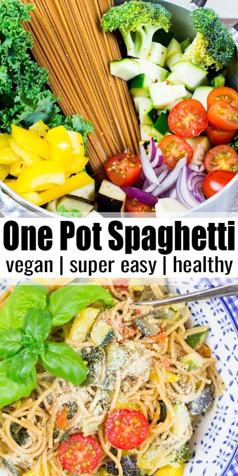 One Pot Vegetarian Meals Healthy, Spaghetti With Vegetables Recipes, Spaghetti Veggie Recipes, Healthy Spaghetti Recipes Vegetarian, One Great Vegan, Quick Easy Meatless Dinner, Vegetable Spaghetti Recipes, Veg Spaghetti Recipes, Vegetarian Spaghetti Recipes