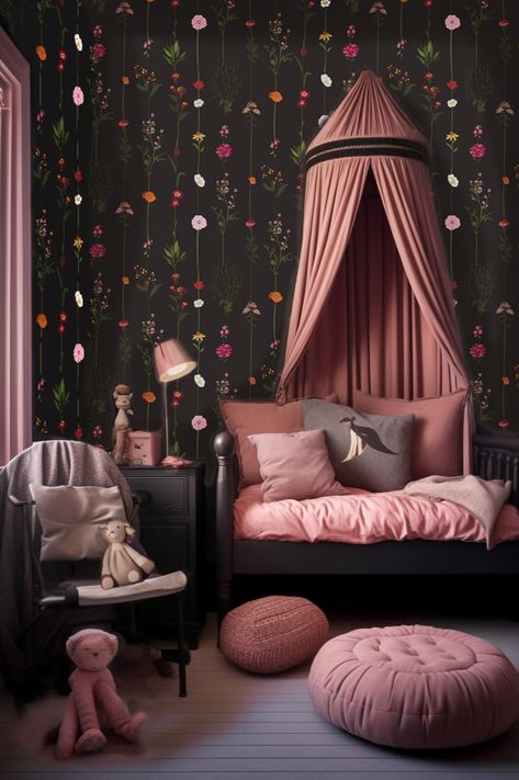 Dark Wallpaper Nursery, Dark Green And Pink Nursery, Dark Nursery Ideas Girl, Dark Woodland Nursery, Dark Kids Bedroom, Dark Purple Nursery, Dark Moody Nursery, Moody Kids Room, Dark Baby Room