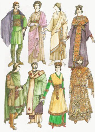 The clothes of the Byzantine became a luxurious, rigid dress, which covered the body and veiled it’s forms.  The ruling layer of the society liked silk materials and brocade, which were richly embroidered with precious metals and pearls. Byzantine Fashion Men, Byzantine Clothing, Pearls Colors, Byzantine Fashion, Men Pictures, Eastern Roman, Early Middle Ages, Byzantine Empire, Medieval Costume