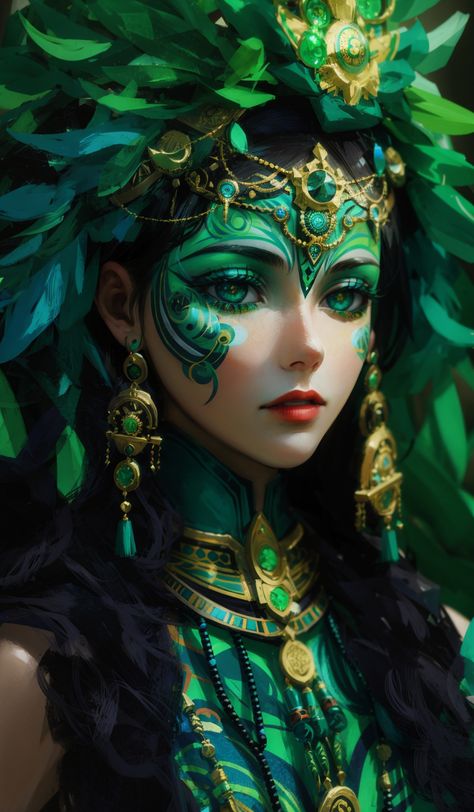 This painting of a goddess of the jungle is a stunning ode to wild beauty and power. The goddess's green hair and dress of leaves and flowers blend in perfectly with her surroundings, making her one with the jungle itself. The wild animals around her seem to respect and adore her, and her eyes are filled with wisdom and power. This image is a reminder that we are all part of nature, and that we should respect and cherish the wild beauty of the jungle. Jungle Goddess, Jungle Queen, Dnd Inspiration, Nature Goddess, Fantasy Style, Earth Goddess, Art Resources, Goddess Hairstyles, Wild Beauty