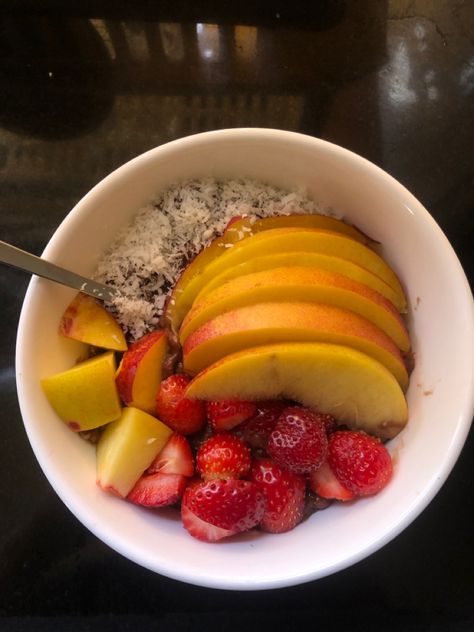 Chocolate oatmeal + nectarine + strawberries + shredded coconut 🤍 Oatmeal Aesthetic, Strawberry Oatmeal, Chocolate Oatmeal, Nectarine, Shredded Coconut, Strawberries, Oatmeal, Coconut, Fruit