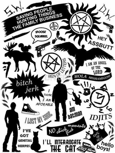 Quotes Supernatural, Supernatural Birthday, Sam Supernatural, Supernatural Drawings, Supernatural Bloopers, Supernatural Tattoo, Bobby Singer, Supernatural Imagines, Supernatural Fan Art