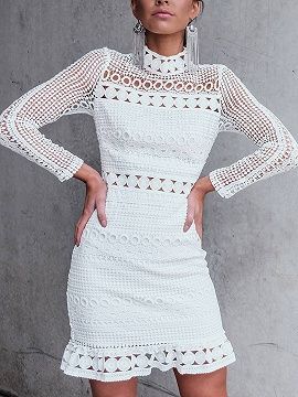 White High Neck Cut Out Detail Long Sleeve Lace Mini Dress White Lace Party Dress, Long Sleeve Lace Mini Dress, Crochet High Neck, Dress Tight, Crochet Lace Dress, White Bodycon, Lace Party Dresses, White Bodycon Dress, Long Bodycon Dress