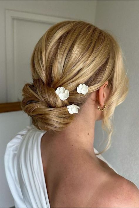 Textured Low Bun Hoco Updo Hairstyles, Up Do Bun, Elegant Low Bun, Wedding Up Do, Low Chignon, Floral Ornaments, Hoco Hairstyles, Hairstyles Updo, Low Bun