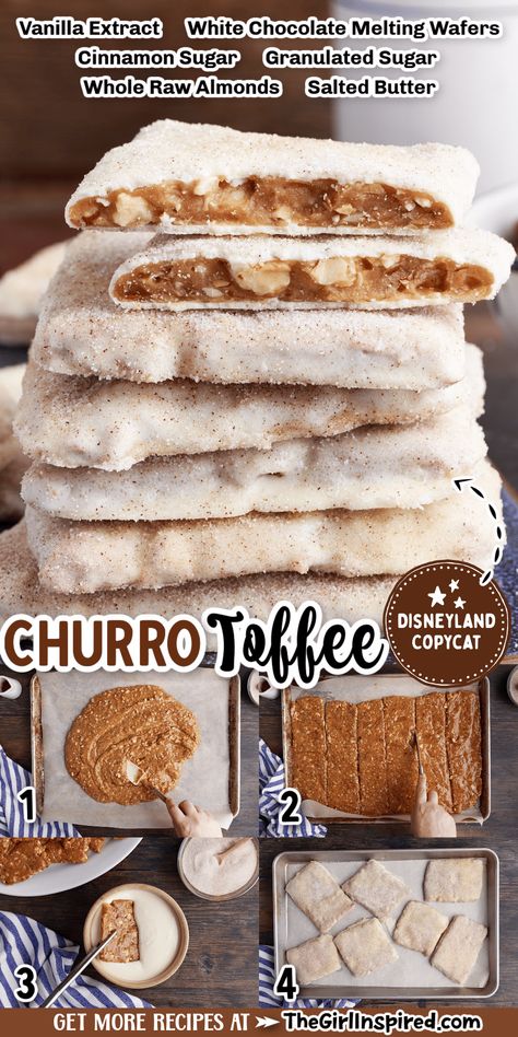 Use 6 easy ingredients to make Churro Toffee just like Disney right in your own kitchen! Churro Bar, Churro Toffee, Churro Cookies, Chocolate Melting Wafers, Toffee Recipe, Toffee Bars, Chex Mix Recipes, Raw Almonds, Chex Mix