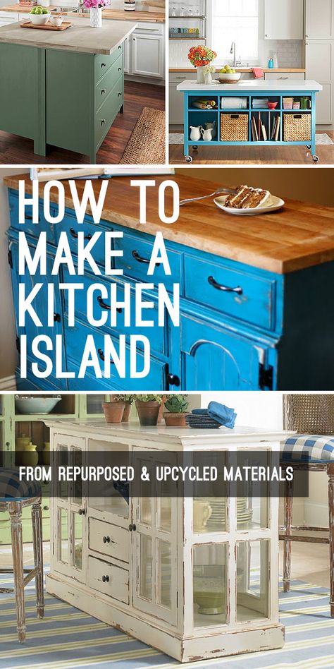 Creative Kitchen Islands Ideas, Kitchen Island From Repurposed Furniture, Diy Repurposed Kitchen Island, Repurposed Island Kitchen, Diy Island On Wheels, How To Make A Kitchen Island From A Dresser, Kitchen Island Repurposed Furniture, Kitchen Island Upcycle, Kitchen Island Ideas Using Old Furniture