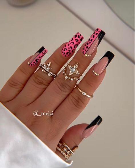 Coffin Summer Nails Designs 2023, New Style Tattoo Ideas, Xl Gel Nails, Original Nails Designs, Leopard Acrylic Nails, Black And Pink Nails Ideas, Nail Nail Designs, Nagel Stamping, Leopard Print Nails