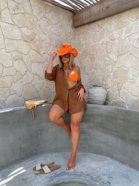 Cowboy Hat, Summer Outfit Orange Swimsuit #aesthetic #summerstyle #beachstyle Cowboy Hat Swimsuit Outfit, Cowboy Hat And Swimsuit, Orange Swimsuit Aesthetic, Ranch Attire, Western Hat Outfit, Beach Hats Outfit, Boho Hat Outfit, Hat Summer Outfit, Cowboy Hat Summer