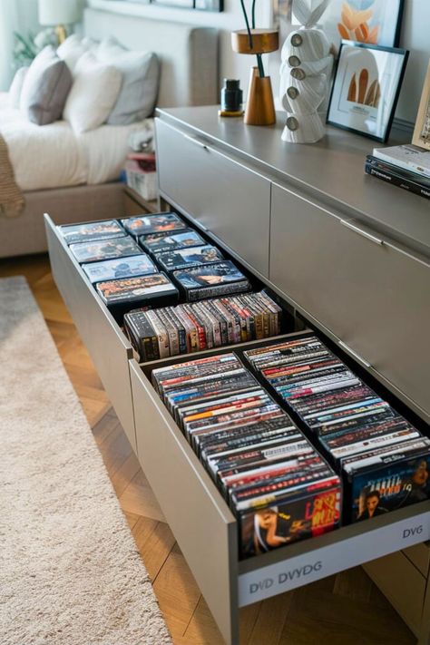 20 DVD Storage Ideas [Within Budget] – craftydiyers.com Diy Dvd Storage Ideas Small Spaces, Dvd Storage Ideas Hidden, Dvd Storage Aesthetic, How To Store Dvds, Dvd Collection Display, Blu Ray Storage Ideas, Vhs Storage Ideas, Dvd Storage Ideas Living Room, Dvd Display Ideas