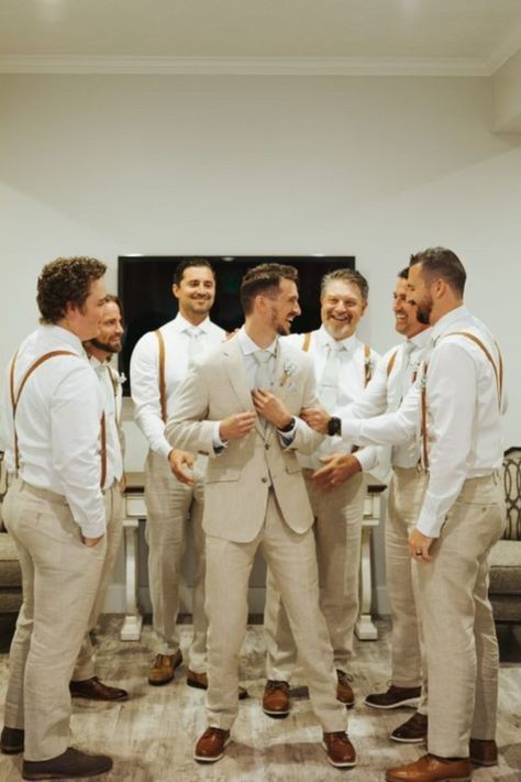 Groom Suspenders Wedding, Groomsmen Outfit, Bridesmaid Poses, Groomsmen Suspenders, Wedding Groomsmen Attire, Tan Wedding, Groom Wedding Attire, Suspenders Wedding, Groomsmen Outfits