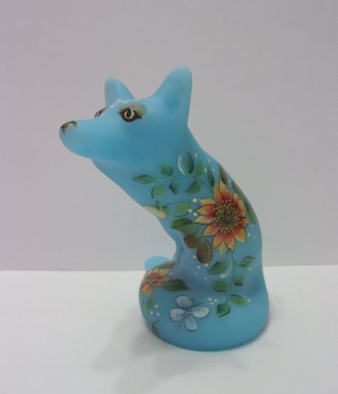 Fenton Glass Robin's Egg Blue Sunflower Delight Fox Figurine Limited Edition Gift Shop Exclusive Designed and Hand Painted by Kim Barley #19/ Fox Figurine, Blue Sunflower, Robin's Egg Blue, Robins Egg, Fenton Glass, Robins Egg Blue, Barley, Exclusive Designs, Gift Shop