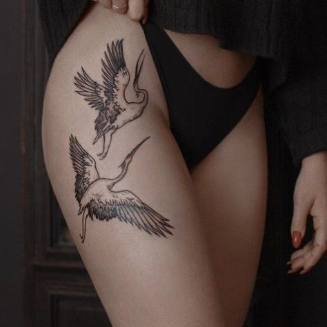 Dancing Crane Tattoo, Symmetrical Thigh Tattoos, Crane Back Tattoo, Cranes Tattoo, Heron Tattoo, Tattooed Lady, Dinosaur Tattoo, Backpiece Tattoo, Crane Tattoo