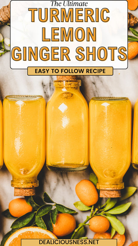 The Ultimate Immunity Booster: Balancing the earthy warmth of turmeric and ginger with the citrusy brightness of lemon and orange, this shot is a testament to the beauty of natural fresh ingredients. Let the Turmeric Ginger Shot redefine your mornings. Lemon And Tumeric Drink, Ginger Lemon Juice Recipe, Ginger Tumeric Cayenne Shot Benefits, Ginger Tumeric Shots Without Juicer, Magnesium Turmeric Ginger Lemonade, Ginger Lemon Turmeric Shot Recipe, Tumeric Ginger Lemon Shots Benefits, Recipes Using Fresh Ginger, Ginger Tumeric Shots Recipes