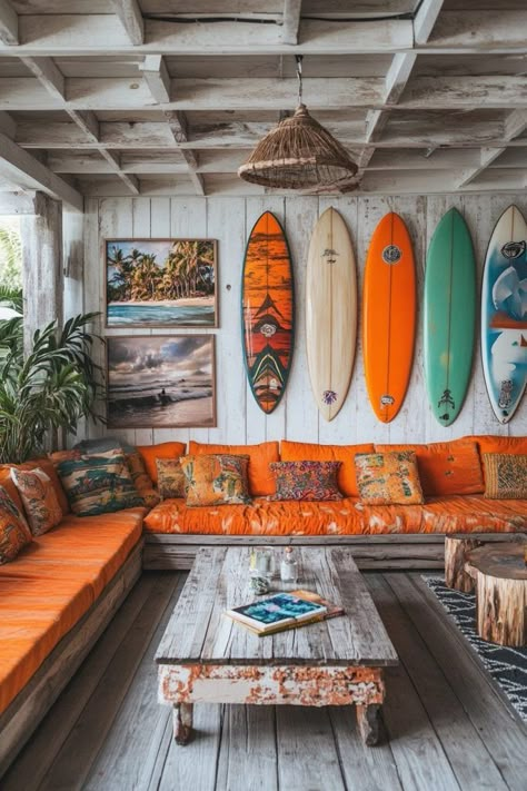 29 Beach Lounge Room Ideas: From Sandy Tones to Ocean Blues 15 South Pacific Decor, French Polynesia Interior Design, Surfer Living Room Ideas, Beach Themed Airbnb, Ocean Theme Interior Design, Beach Shack Aesthetic Interior, Surfing Decor Ideas, Retro Coastal Interior, Coastal Room Design