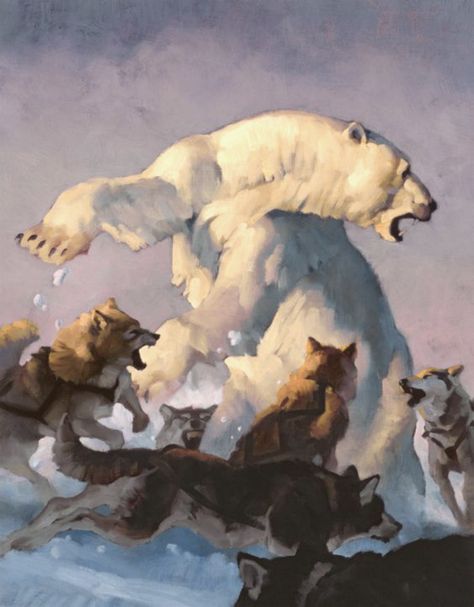 "Polar Bear Attack" from "Nanuk" ~ Click through the large version for a full-screen view (on a black background in Firefox), set your computer for full-screen. ~ by Greg Manchess  ~ Mik's Pics "Artsy Fartsy l" board Dessin Game Of Thrones, 동화 삽화, Arte Peculiar, Animals Artwork, Bear Art, Polar Bears, Arte Fantasy, Arte Animal, Wildlife Art