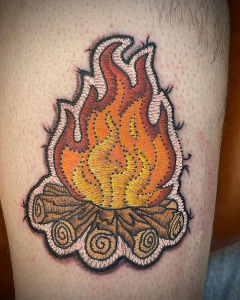 Campfire Tattoo Simple, Campfire Embroidery, Blanket Tattoo, Campfire Tattoo, Ohio Tattoo, Patch Tattoo, Fire Tattoo, Embroidery Patch, July 11