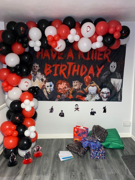 27/2/2023 Jaydens 13th birthday #Birthday #Thirteen #13 #ThirteenthBirthday #Birthday #Party #BirthdayParty #Horror #Halloween #MichaelMyers #Son #Teenager #Balloons #MichaelMyersBalloon #Banner #MichaelMyers #Pennywise #It #Leatherface #Billy #Jigsaw #Saw #Jason #JasonVorhees #FreddyKrueger Michael Myers Halloween Party Ideas, Michael Myers Party Decorations, Halloween Birthday Party Outfit, Micheal Myers Birthday Party Ideas, Scary Movies Birthday Party, Friday 13 Party Ideas, Jason Themed Birthday Party, Horror Themed 30th Birthday Party, Jason Birthday Party