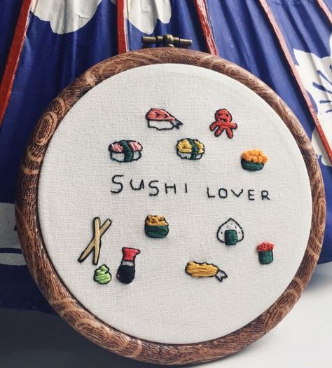 Sushi Embroidery, Japan Images, Customised Birthday Gifts, Embroidery Stitches Beginner, Clothes Embroidery Diy, Diy Fabric Jewellery, Small Embroidery, Miniature Embroidery, Diy Embroidery Patterns