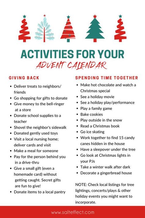 Advent Calendar Ideas in 2020 These activities help your family give back, spend time together, remember what’s important and show gratitude this holiday season. Here’s Advent calendar gifts ideas and fillers Chocolate or candy A holiday joke Ornament to hang on the tree Handwritten poem, quote, or saying Lip balm or hand sanitizer (holiday scents are fun!) Celebrating Advent With Kids, Christmas Gratitude Activity, Gratitude Advent Calendar, Advent Calendar Activities For Families, Family Advent Calendar Ideas, Advent Calendar Activity Ideas, Advent Calendar Activities For Kids, Activity Calendar, Advent Ideas