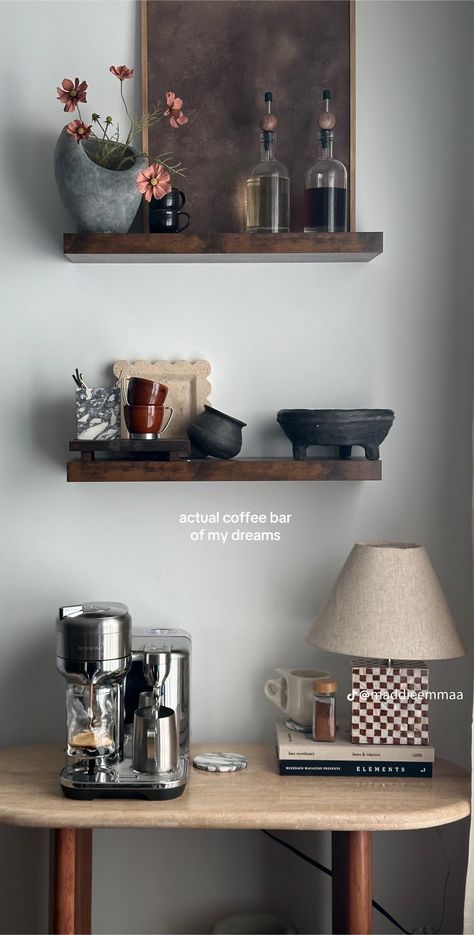 Tea Shelves Display, Organic Modern Coffee Station, Tea Corner Aesthetic, Standalone Coffee Bar, Tiny Shelf Decor, Coffee Station Living Room, Minimal Coffee Station, Coffee Office Aesthetic, Small Coffee Area On Counter