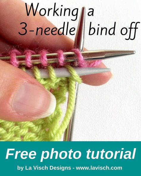 Binding off with the 3-needle bind off method is a way to bind off and connect two sets of live stitches, each on their own knitting needle. 3 Needle Bind Off, Bind Off Knitting, Knitting 101, Knitting Videos Tutorials, Knitting Hacks, Knitting Diy, Knitted Slippers Pattern, Knitting Tutorials, Crochet Knit Stitches