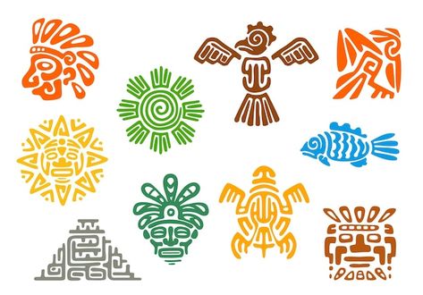 Vector tótems aztecas mayas símbolos tri... | Premium Vector #Freepik #vector #cultura-maya #guerrero-azteca #maya #piramide-azteca Aztec Deities, Aztec Animals, Symbol For Family, Reference Tattoo, Sun Fish, Aztec Mask, Aztec Symbols, Mayan Tattoos, Aztec Sun