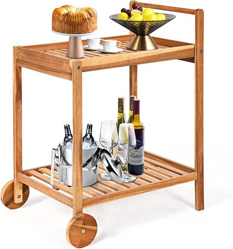 Tangkula Outdoor Acacia Wood Serving Cart, Patio Bar Cart Rolling Trolley Cart with 2 Trays, Portable Kitchen Serving Cart w/Wheels, Ideal for Business, Dining Room, Garden, Patio (Teak) Patio Bar Cart, Kitchen Trolley Cart, Concrete Backyard, Wood Bar Cart, Drink Cart, Kitchen Trolley, Portable Kitchen, Trolley Cart, Serving Cart