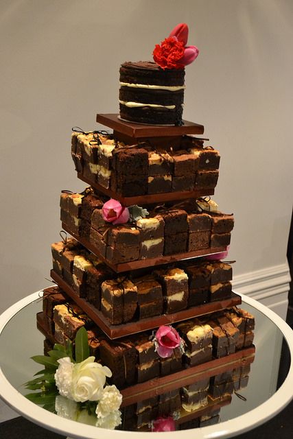 Brownie tower wedding cake - Naked cake top tier, with stacks of brownies - cream cheese brownies, salted caramel brownies, peanut butter brownies and gluten free frudge brownies.  Miss Ladybird Cakes - Melbourne weddings Brownie Stack Wedding Cake, Brownie Tower Wedding, Brownie Wedding Cake Ideas, Brownie Wedding, Brownie Stack, Brownie Wedding Cakes, Brownie Tower, Chocolate Grooms Cake, Ladybird Cake