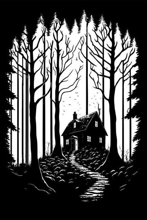 Black and white vector sketch illustration of small House in the dark forest House In Woods Illustration, Forest House Painting, Forest Vector Art, Forest Illustration Black And White, Forest Sillouhette, Black And White Forest Drawing, Woodsy Illustration, Spooky Forest Drawing, Illustration Art Drawing Black And White