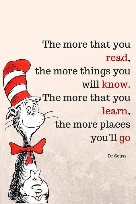 Republished to include the free printable 'Cat in the Hat', 'I Can Read With My Eyes Shut', 'Green Eggs and Ham', 'Red Fish Blue Fish', 'Mr. Brown Can Moo', 'Fox in Socks'. What a contribution to the wonderful world of books! We haven't found a single Dr. Seuss book we don't love. So to celebrate Dr Seuss Reading Quotes, Hat Quotes, Dr Seuss Activities, Red Fish Blue Fish, Dr Seuss Birthday, Quotes Ideas, Cat Reading, Green Eggs And Ham, Cat In The Hat