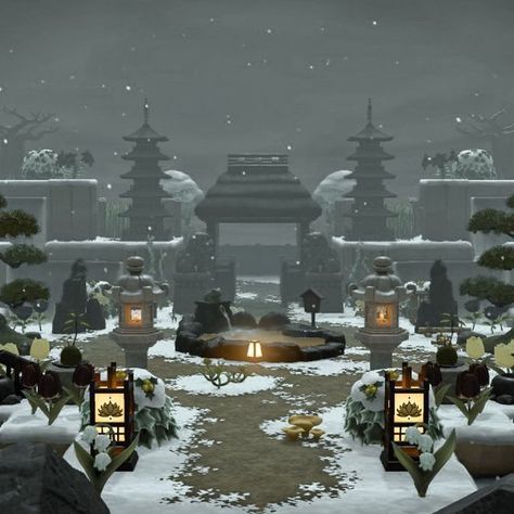 Michelle 👑 ACNH Addict on Instagram: "Welcome to Kazahana! My moody, winter Japanese island. I hope you all had a wonderful weekend and Monday treats you well! #acnhjapanesestyle #acnhjapan #acnhwinter #acnhjapanese #acnhentrance #acnhterraforming #crossingcreations Animal crossing ACNH Japan Japanese style winter build entrance new horizons nintendo mom gamer explore cozy" Acnh Cozy Island Entrance, Acnh Japanese Horror, Animal Crossing Nordic Style, Japanese Animal Crossing Island Codes, Acnh Traditional Japanese, Onsen Animal Crossing, Animal Crossing Modern Island, Acnh Japanese Items, Acnh Japanese House Exterior