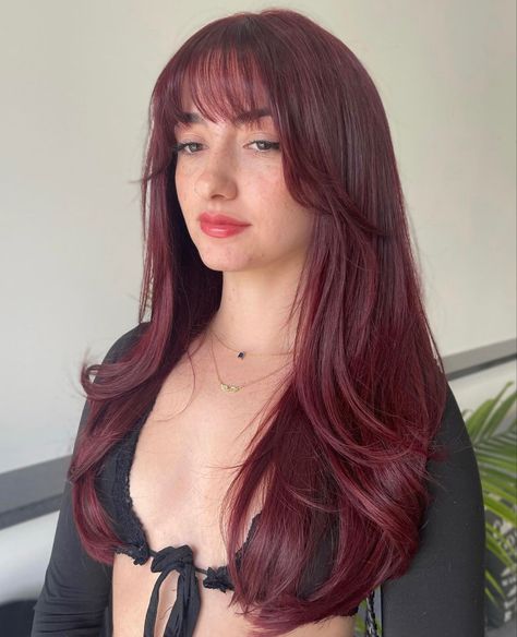 Follow For More ♡ Cherry Coke Color Hair, Dark Hair Balayage With Bangs, Deep Crimson Hair, Dark Feminine Hair Color, Hair For Latinas, Long Dark Red Hair With Curtain Bangs, Dark Red Hair Makeup, Cherry Red Hair With Money Pieces, Cherry Coke Hair With Bangs