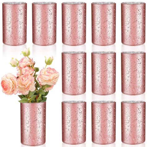 PRICES MAY VARY. Package Includes: you will receive 12 pieces of rose gold speckled glass vases, each of which measure 6 inches in height and 3.5 inches in top diameter, suitable for various kinds of artificial bouquets, real flowers, votive candles and LED candles, meeting your different decor demands Wedding Table Decor: this glass vases bulk can be applied as a decorative table centerpiece to your wedding, daily home decoration, birthday party, and bathroom setting, creating a relaxing and we Rose Gold Banquet Decor, Eggplant And Rose Gold Wedding, Blush And Gold Party Decor, 40th Birthday Ideas For Women Table Decor, Rose Gold And Black Wedding Theme Table Settings, Peach And Rose Gold Wedding, Rose Gold Birthday Party Decorations Ideas, Rose Gold Centerpiece Birthday, Rose Gold And Champagne Wedding