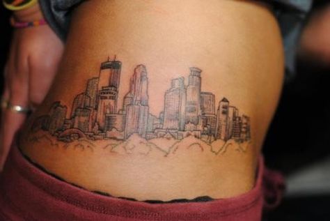 Minneapolis Skyline Tattoo. Weird placement, but I love the idea. Minnesota Tattoo, Minneapolis Tattoo, Bridge Tattoo, Arm Tattoos Black, Headdress Tattoo, Skyline Tattoo, Gang Tattoos, Minneapolis Skyline, Inner Arm Tattoo