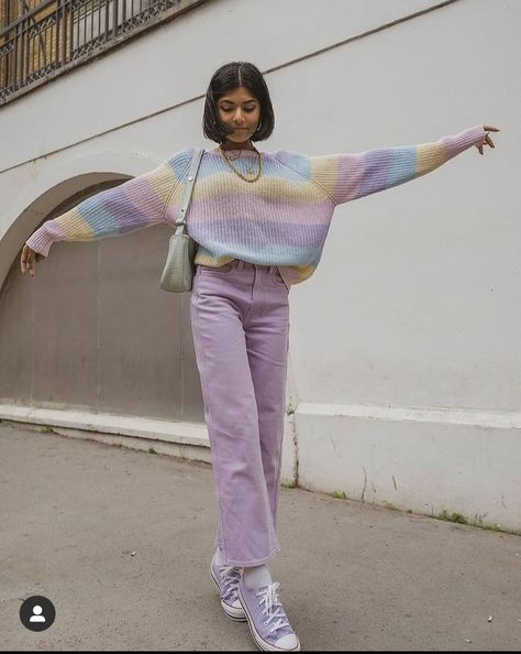 Pastel Jeans Outfit, Pastel Colors Aesthetic Outfit, Bright Pastel Outfits, Pink And Purple Outfit Aesthetic, Comfy Pastel Outfits, Pastel Soft Aesthetic Outfits, Pastel Danish Outfit, Pastel Color Outfit Ideas, Comfy Colorful Outfits