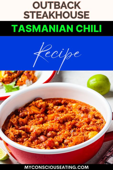 Tasmanian chili in a serving bowl Outback Chili Recipe, Tasmanian Chili Recipe, Copycat Outback, Cubed Steak, Traditional Chili, Tender Steak, Outback Steakhouse, Nail It, Hearty Dinner