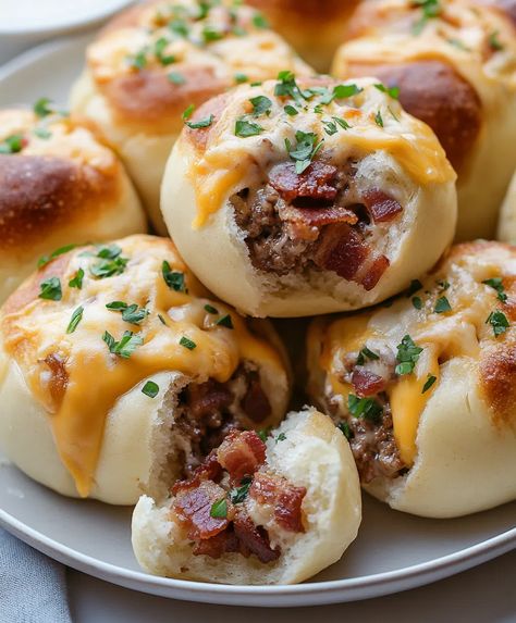 Garlic Parmesan Bacon Cheeseburger Bombs Recipe - Easy Burger Sliders, Beef Lasagna Recipe, Beef Lasagna, Crispy Garlic, Beef Bacon, Bacon And Cheese, Burger Sliders, Bombe Recipe, Bacon Cheeseburger