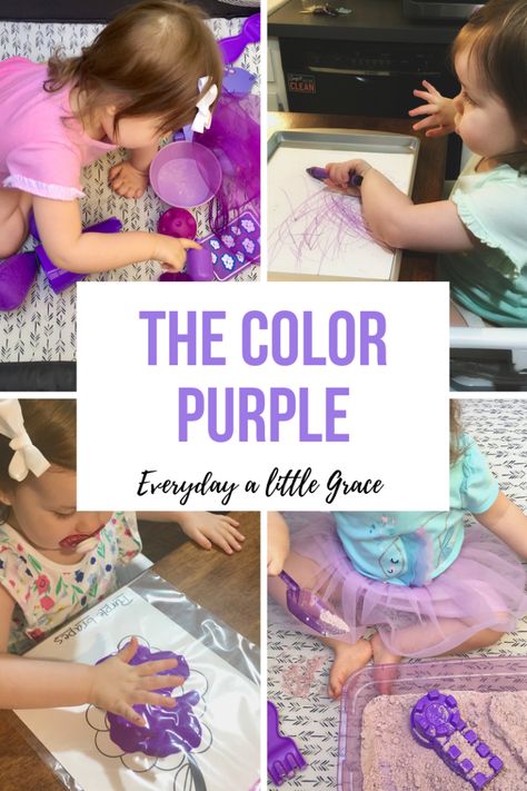 Tot School / Week 10: The Color Purple 💜 – Everyday a Little Grace Preschool Purple Crafts, Purple Crafts For Toddlers, Color Purple Activities For Preschool, Preschool Units Themes, Harold And The Purple Crayon, Color Activities For Toddlers, Play Doh Activities, Activities For One Year Olds, Toddler Sensory Bins