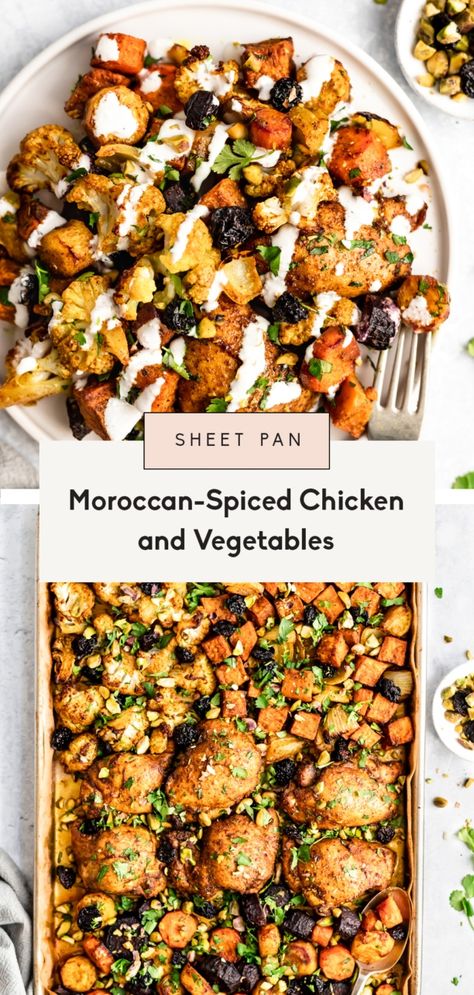 Sheet Pan Chicken Recipe, Chicken With Sweet Potatoes, Moroccan Chicken Recipe, Sheet Pan Meals Chicken, Moroccan Recipes, Pan Chicken Recipes, Moroccan Dishes, Sheet Pan Dinners Recipes, Ambitious Kitchen