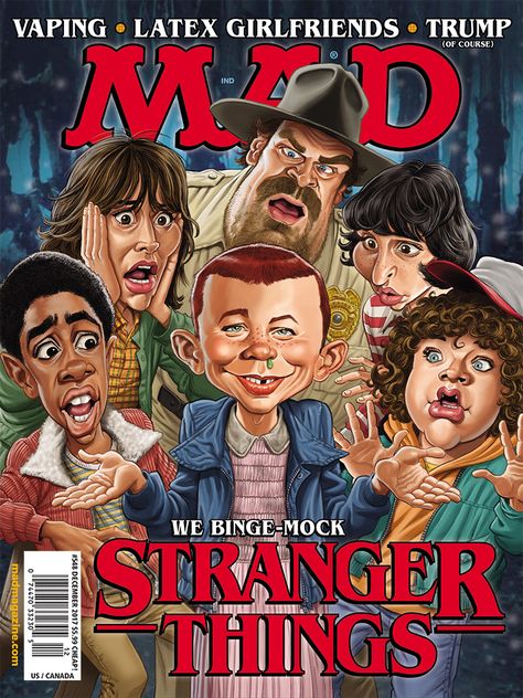 Shameless Huckstering Dept. Today I am finally getting my shipment of copies of MAD #548 with my Stranger Things cover and art on Desmond Delvin‘s 7 page parody of the show. It’s available in… Alfred E Neuman, Mad Tv, Mad Magazine, Popular Magazine, Stranger Things Art, Stranger Things Aesthetic, Stranger Things Wallpaper, Stranger Things Funny, Stranger Things Season