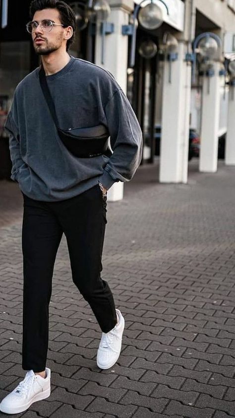 Sweatshirt Outfit Men Formal, Sweatshirt Guys Outfit, Crewneck With Collared Shirt Outfit Men, Cozy Outfit Men Street Styles, Korean Sweatshirt Outfit Men, Aesthetic Male Outfits, Drip Ideas, Smart Outfits, Outfit Hombre