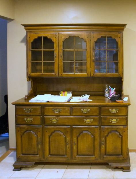 How to Modernize an Bulky Outdated China Hutch for Storage | Hometalk White Hutch Makeover, Crockery Unit Design Dining Rooms, Dining Set Makeover, China Hutch Makeover, China Cabinet Redo, Oak China Cabinet, White Hutch, Crockery Unit Design, Redo Cabinets