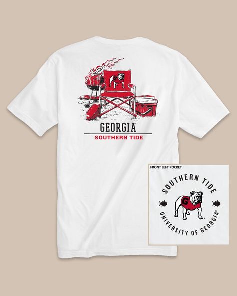 The back view of the Georgia Bulldogs Gameday BBQ Tailgate T-Shirt by Southern Tide - Classic White Southern Tailgate, College Basketball Shirts, Gameday Food, Father Son Outfits, Basketball Shirt Designs, Tailgate Shirt, Banner Ideas, Bulldog Shirt, Boys Swim Trunks