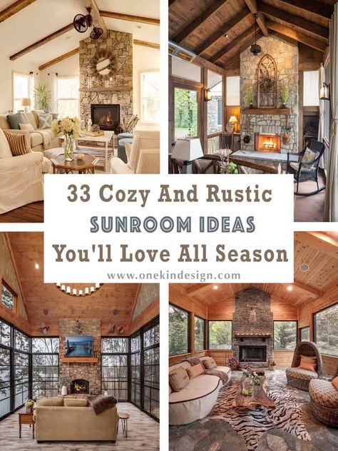 Rustic Sunroom Ideas, Outdoor Sunroom Ideas, Cabin Sunroom, Farmhouse Sunroom Ideas, Indoor Sunroom Furniture, Indoor Sunroom Ideas, Sunroom With Fireplace, Cozy Rustic Decor, Rustic Sunroom