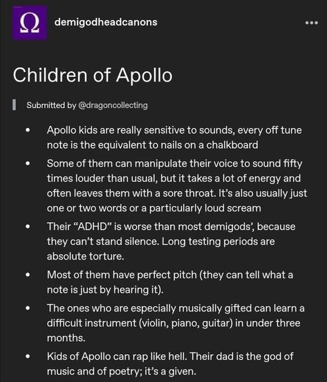 Cabin 7 Apollo Headcanons, Cabin 7 Headcannons, Pjo Oc Ideas, Apollo Kids Headcanon, Chb Headcanons, Percy Jackson Apollo Cabin, Apollo Headcanon, Apollo Cabin Headcanons, Children Of Apollo