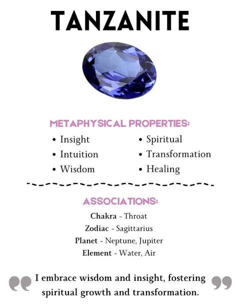 Tanzanite: a gem of transformation, enhancing intuition and communication. Tanzanite Crystal Meaning, Tanzanite Properties, Tanzanite Meaning, Crystal Healing Chart, Tanzanite Crystal, Natural Philosophy, Planet Saturn, Air Element, Zodiac Stones