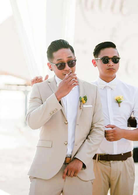 Yellow and White Boracay Wedding | Philippines Wedding Blog Yellow Bridesmaid Dresses With Groomsmen, Yellow Wedding Groomsmen, Yellow Groomsmen Attire, Yellow Wedding Suit, Yellow Groomsmen, Pale Yellow Weddings, Light Yellow Weddings, Boracay Wedding, Groom Colours