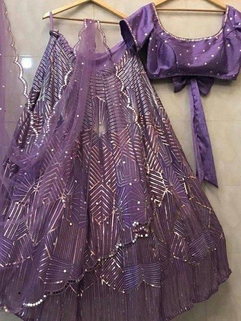 Purple Mirror Work Lehenga, Lengha Ideas, Mirror Lehenga, Lilac Lehenga, Purple Lehenga, Mirror Work Lehenga, Indian Bridesmaids, Georgette Lehenga, Choli Blouse